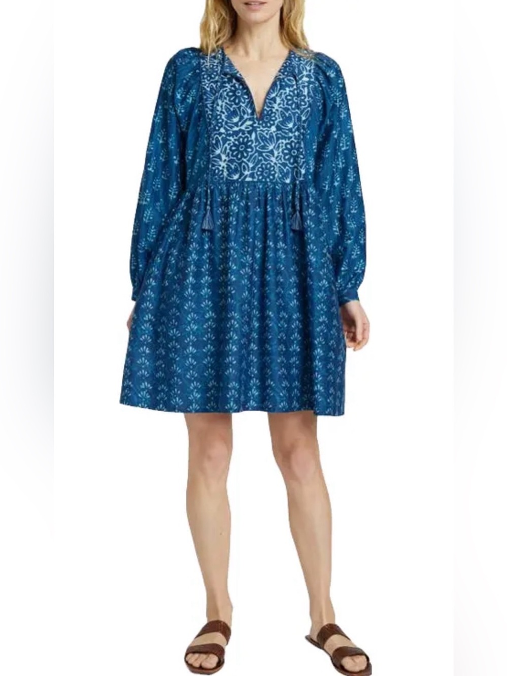 NEW Faherty Solstice Blue Mixed Printed V-Neck Tassel Mini Dress, XS